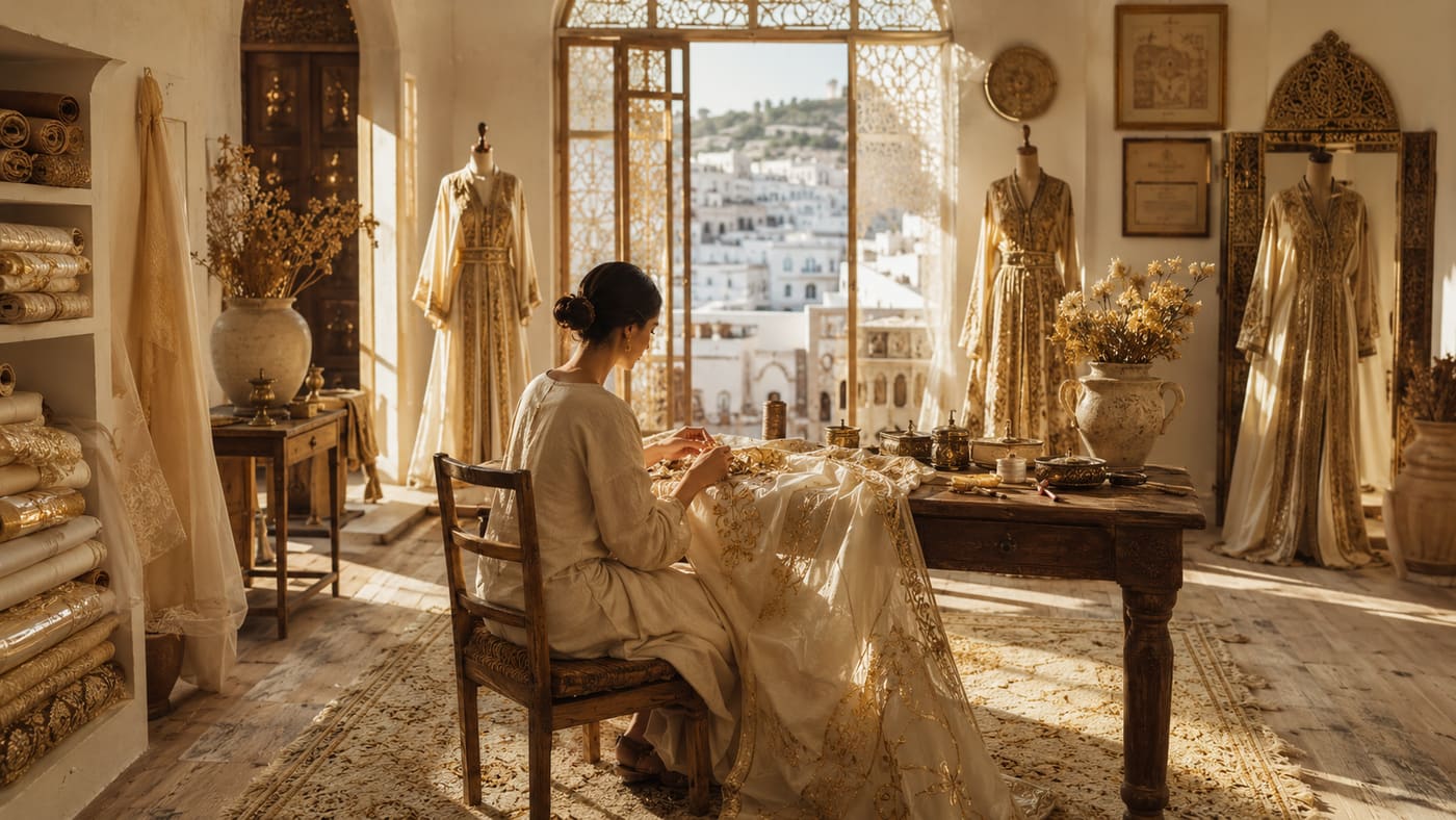 Broderie dorée sur soie verte émeraude